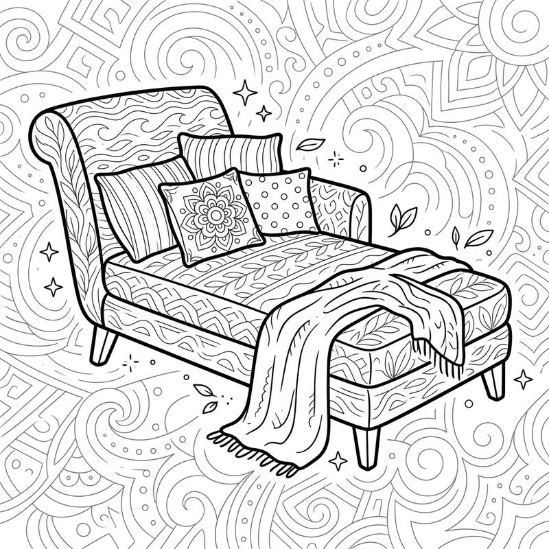 Unwind with our stylish chaise lounge coloring page, designed specifically for creative teens. This intricate template features a cozy lounge adorned with trendy patterns and a comfy throw, set against a backdrop of captivating abstract designs.