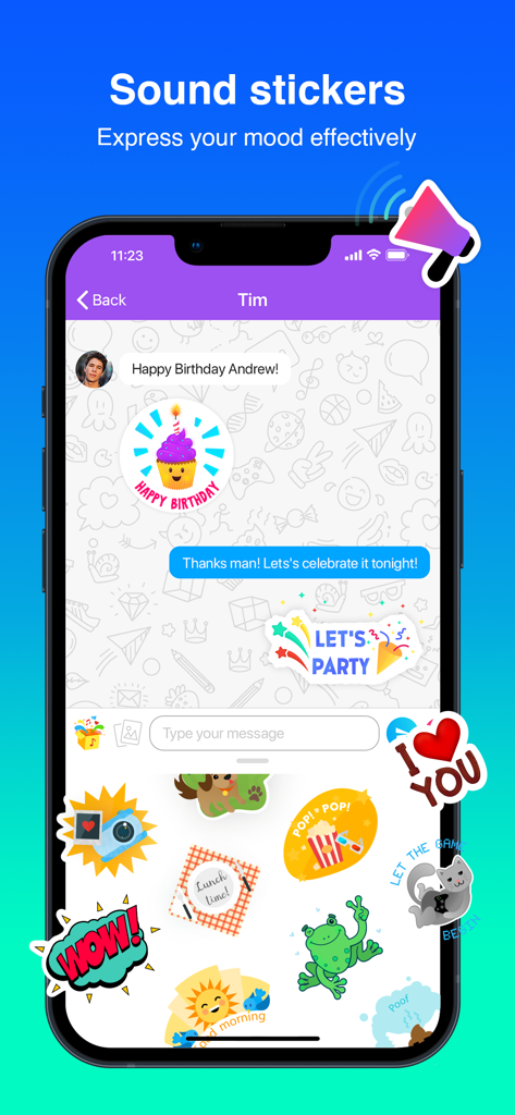 Mint Messenger app interface displaying various colorful sound stickers in a private chat conversation
