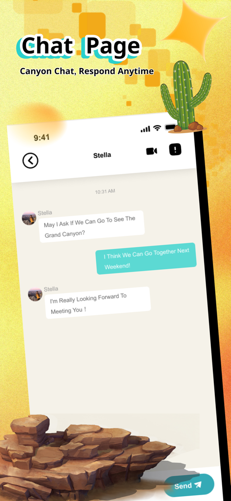Rift - Live Video Chat & Meet - Interfaz de la aplicación Rift que muestra un chat de texto en vivo entre dos usuarios con elementos decorativos temáticos del cañón.