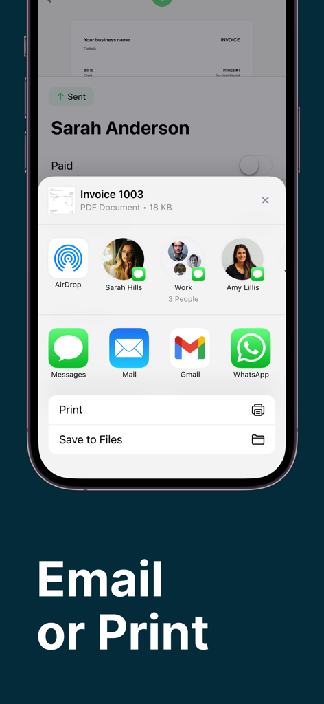 Interface showing options to email print or share invoices through various apps like WhatsApp and Gmail