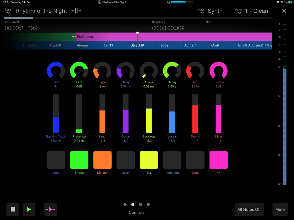 Digital audio workstation remote control interface with synth and mixer settings