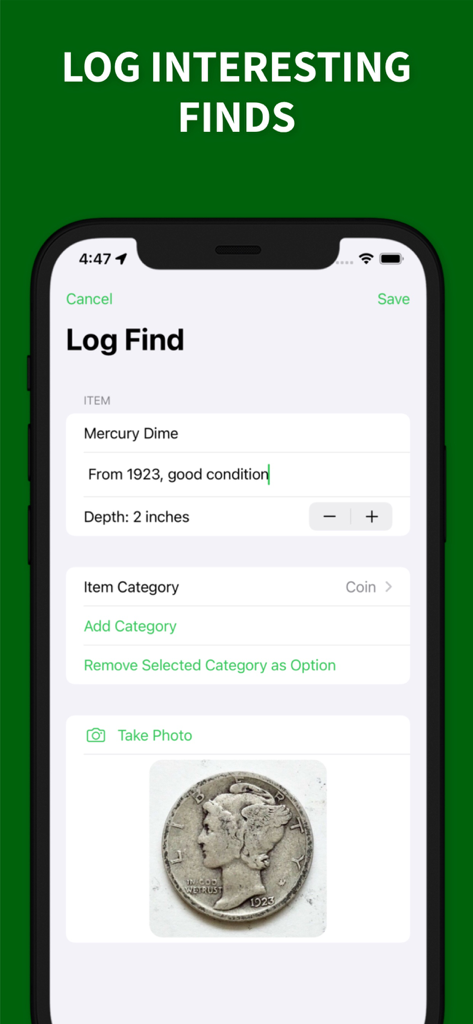 LuckyFind: Metal Detecting App - LuckyFind app interface showing a user logging a 1923 Mercury Dime find with item category and photo.
