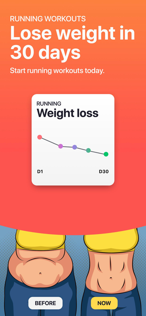 Running Coach - Beginner Guide - Infográfico mostrando um plano de treino de corrida de 30 dias para perda de peso com ilustrações de transformação corporal antes e depois e um gráfico de progresso