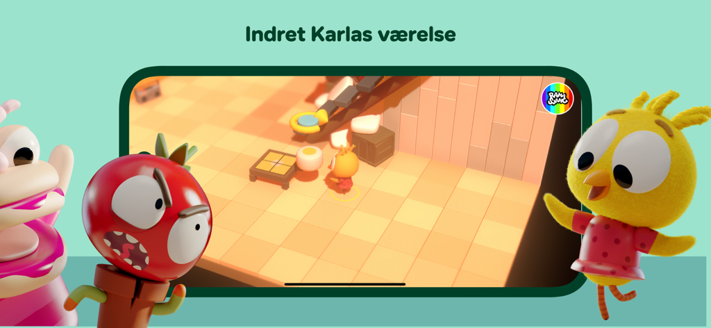 Karla the chicken girl in a 3D room decoration game scene