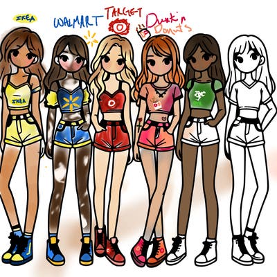 a group of girls wearing crop tops and shorts