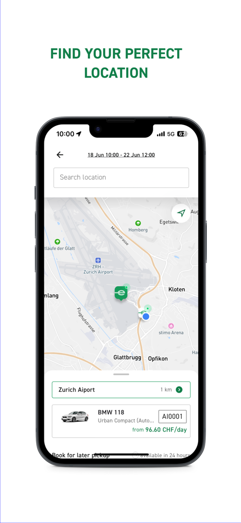 Capture d'écran de l'application Enterprise GO montrant une carte des lieux de location de voitures près de l'aéroport de Zurich avec des options de sélection de véhicules