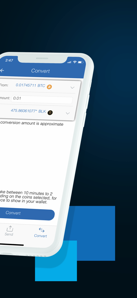 CoinPayments - Crypto Wallet - Interface of the CoinPayments app showing the cryptocurrency conversion feature from Bitcoin to another coin
