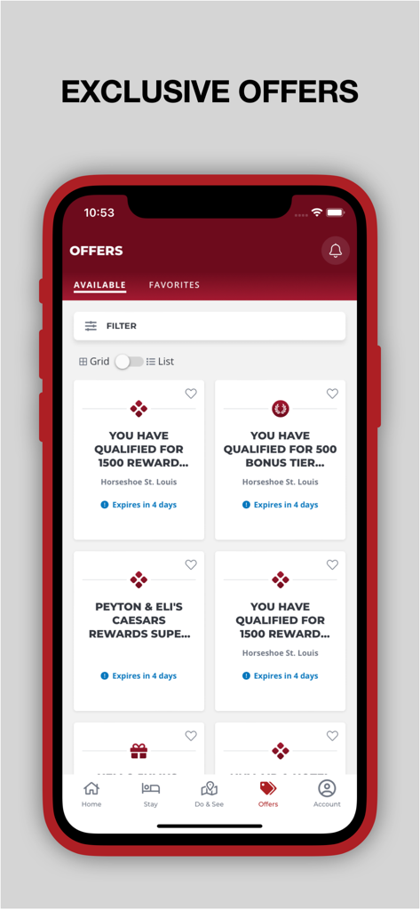 Caesars Rewards Resort Offers - Écran de l'application Caesars Rewards affichant les offres exclusives réservées aux membres et le statut des récompenses.