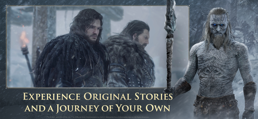 Characters and a White Walker from Game of Thrones Kingsroad with the text experience original stories and a journey of your own