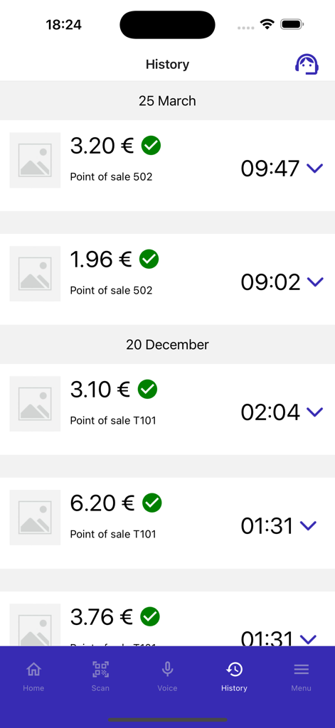 Pantalla del historial de transacciones en la aplicación Freez que muestra compras minoristas recientes con detalles de precio y hora.
