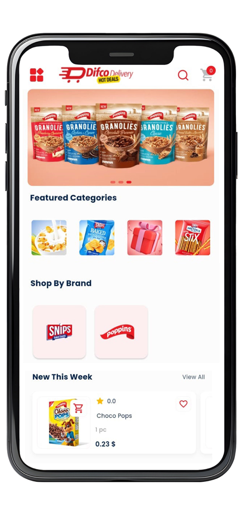Difco Delivery - Difco Delivery mobile app interface showing categories like snacks and cereals