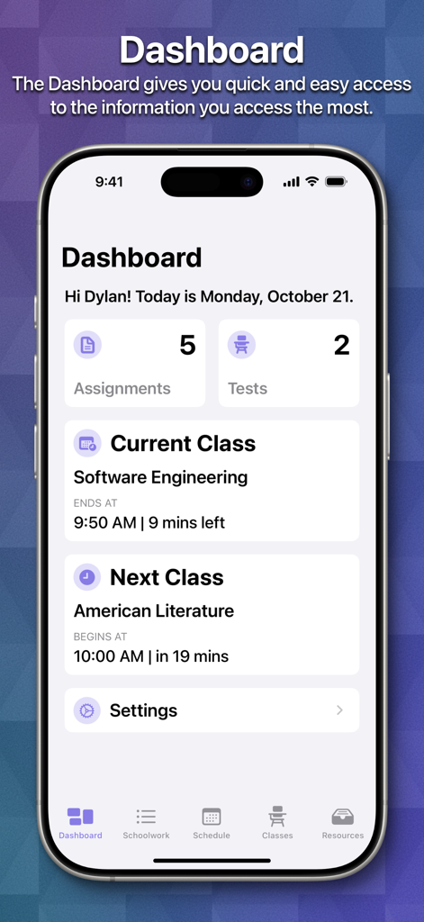 School Assistant Planner app dashboard on an iPhone showing student assignments tests and current class schedule overview