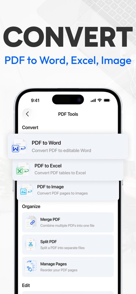 Tiny Scanner mobile app interface showing PDF conversion options to Word and Excel and document organization tools
