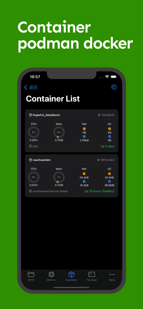 NeoServer: SSH Client|Terminal - NeoServer mobile app showing a list of Docker and Podman containers with real-time monitoring of CPU, memory, and network usage.