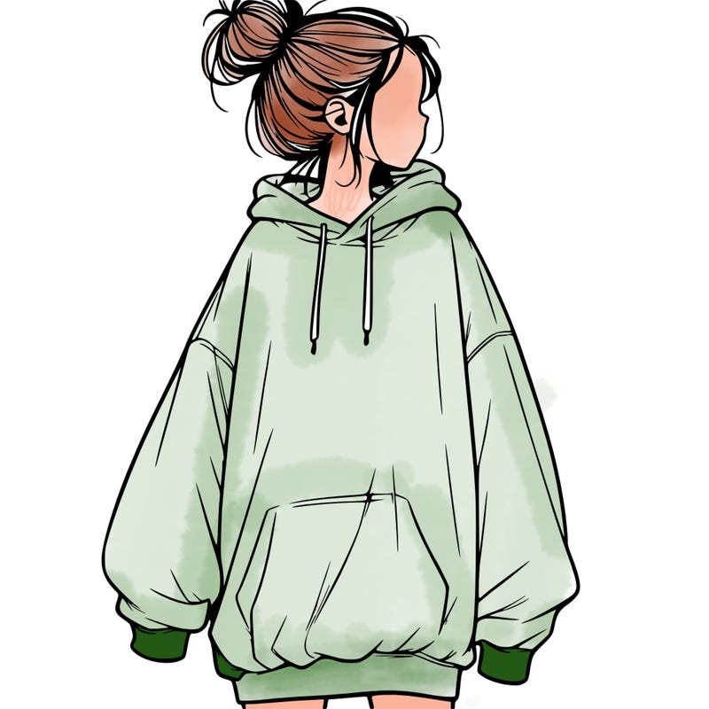 realistic girl with a oversized sweatshirt on and a bun