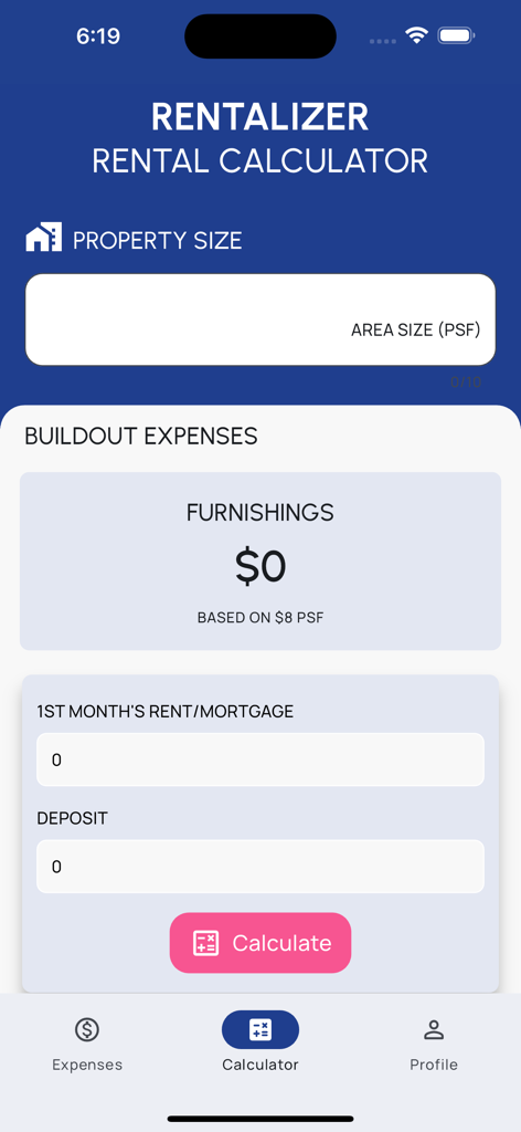 Interface of the Rentalizer app's rental calculator showing fields for property size and buildout expenses