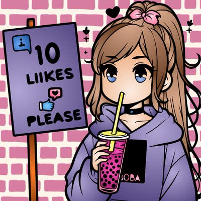 girl with a high ponytail and a hoodie drinking boba staring at a sign saying 10 likes please