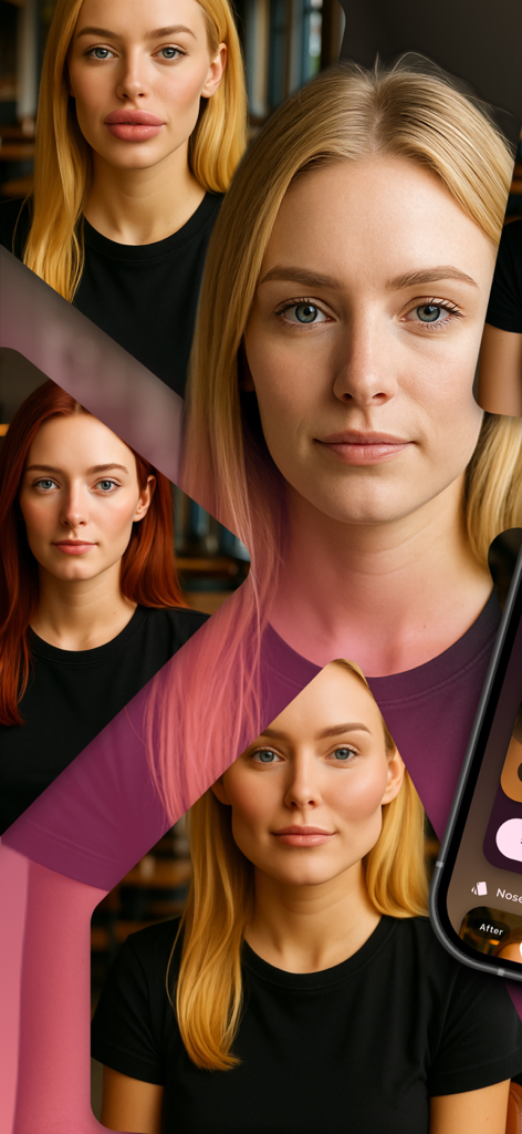 시뮬레이션된 얼굴 필러 및 보톡스 결과가 있는 여성들의 몽타주