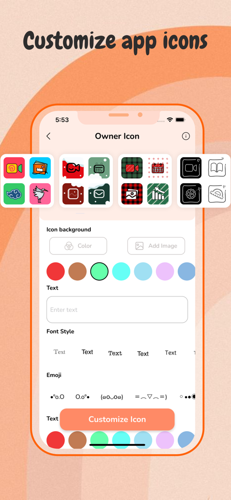 Icon Changer - Aesthetic OS 17 - App interface for customizing mobile app icons with different colors font styles and emojis
