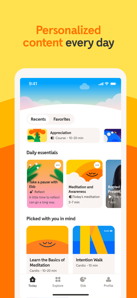 Headspace 앱 홈 화면으로 개인 맞춤형 명상 추천 및 정신 건강 도구 표시