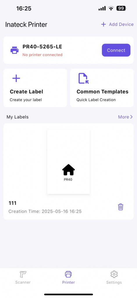 Inateck Office - Inateck Office app printer interface showing options for label creation and device management