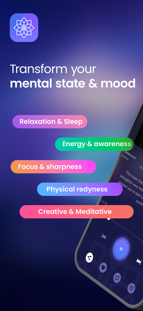 Aloharmony - Pantalla de la aplicación Aloharmony que muestra categorías de estado de ánimo para relajación, concentración, energía y meditación