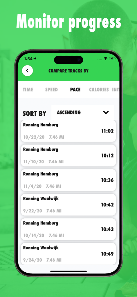 @Tracker: Outdoor GPS & Strava - A screen in the @Tracker app showing a list of running activities sorted by pace to monitor and compare athletic progress.