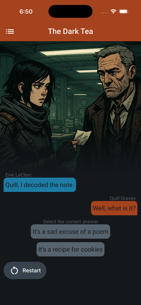 Shorthanded Gregg - A noir-style interactive story lesson in the Shorthanded Gregg app featuring characters Evie and Quill with multiple-choice dialogue options.