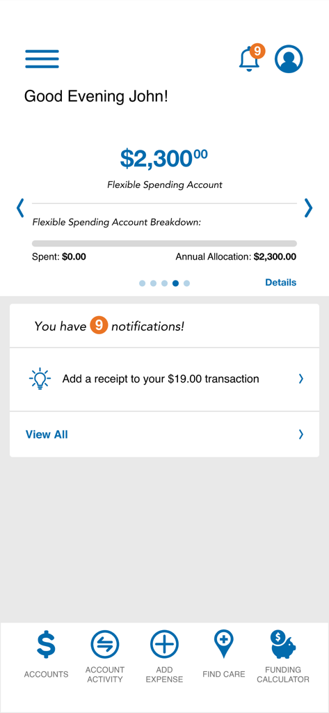 WealthCare app dashboard showing a Flexible Spending Account balance of 2,300 dollars with notification and navigation options