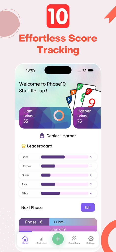 Phase 10 Scoreboard - Interface of the Phase 10 Scoreboard app displaying a leaderboard and live scores