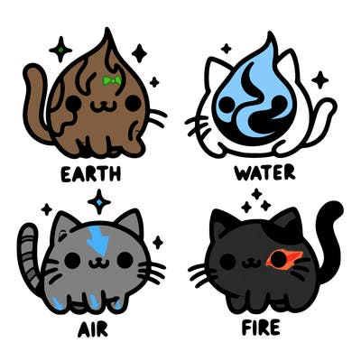 4 cats that represent the different elements, earth, water, air, and fire