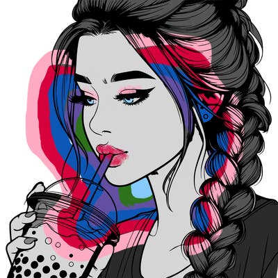 realistic girl drinking boba tea with braided hair