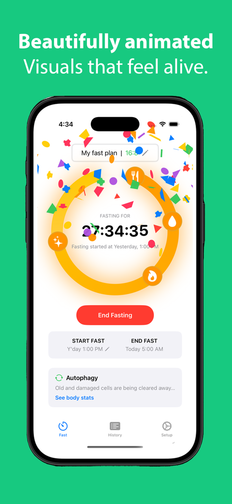 AllyFast - AllyFast app interface showing a fasting timer with circular progress bar and celebratory confetti animation