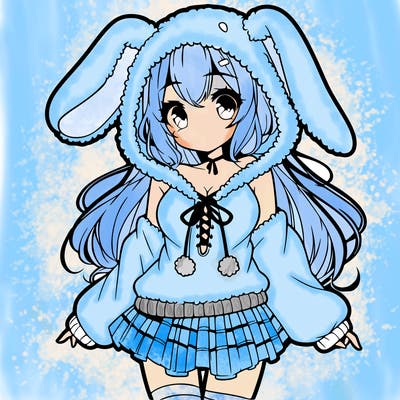 pretty anime girl wearing a fluffy hoodie with bunny ears on the hood and a skirt