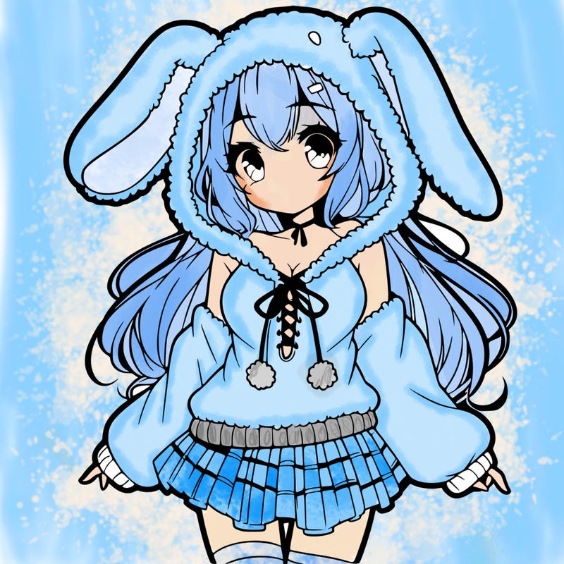 pretty anime girl wearing a fluffy hoodie with bunny ears on the hood and a skirt