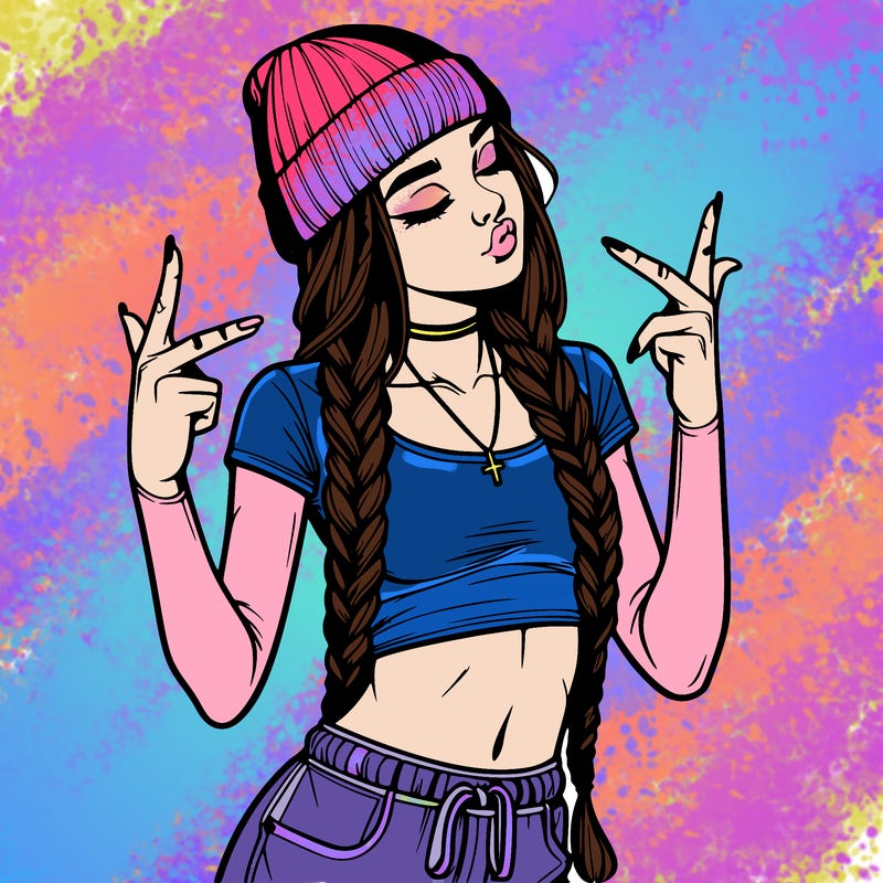 realistic teenage girl with braids and a beanie and crop top doing 🫶🏼