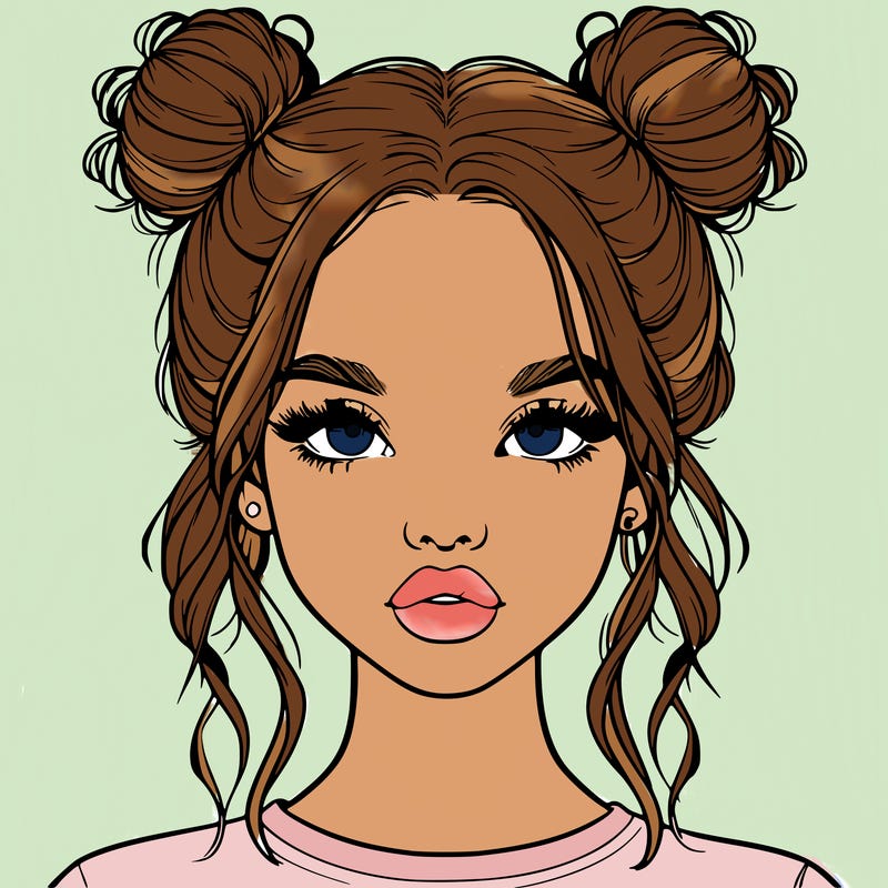 realistic girl with two buns in hair and lips