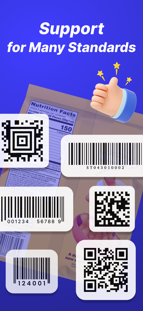 다양한 QR 코드와 바코드가 간식 포장에 겹쳐져 다중 표준 스캔 지원을 보여주는 홍보 그래픽.