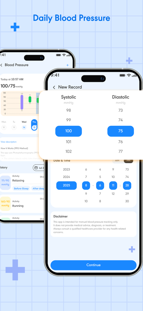 Cardiora: Blood Pressure - Interface of the Cardiora app showing the input screen for recording systolic and diastolic blood pressure values