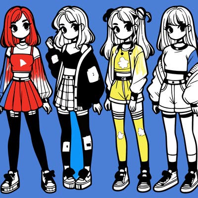 one girl with crop-top shirt and a jacket with a skirt, long socks and another girl with a shirt and pants with a jacket