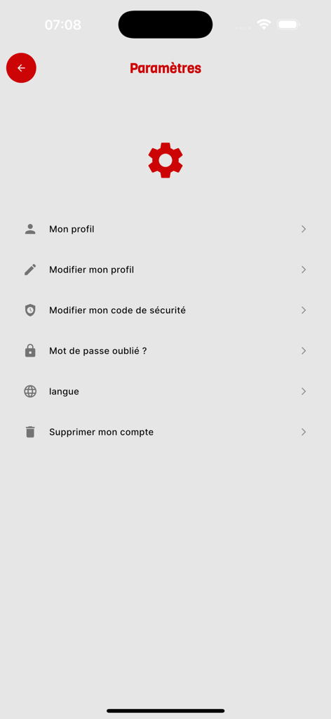 Pantalla de configuración de la aplicación Molo Molo Pay con opciones para gestión de perfil, actualización de código de seguridad y selección de idioma