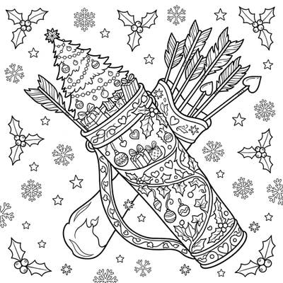 Dive into the holiday spirit with this enchanting Christmas Cupid's Quiver coloring page. Featuring a quiver overflowing with festive arrows, a miniature Christmas tree, and presents, it's a delightful blend of love and holiday cheer.