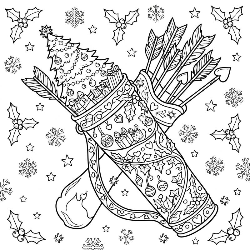 Dive into the holiday spirit with this enchanting Christmas Cupid's Quiver coloring page. Featuring a quiver overflowing with festive arrows, a miniature Christmas tree, and presents, it's a delightful blend of love and holiday cheer.