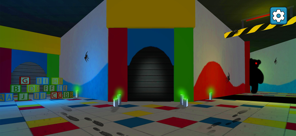100 Monsters Game: Escape Room - Gameplay screenshot of a colorful maze with alphabet blocks and a lurking monster shadow