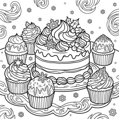 Get ready for a delicious coloring adventure with this charming page featuring festive cakes and cupcakes. Each treat is beautifully adorned with winter snowflakes and intricate frosting, perfect for bringing cozy holiday cheer to life.