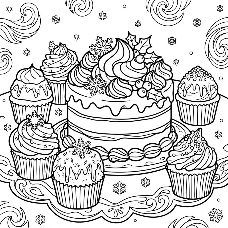 Get ready for a delicious coloring adventure with this charming page featuring festive cakes and cupcakes. Each treat is beautifully adorned with winter snowflakes and intricate frosting, perfect for bringing cozy holiday cheer to life.