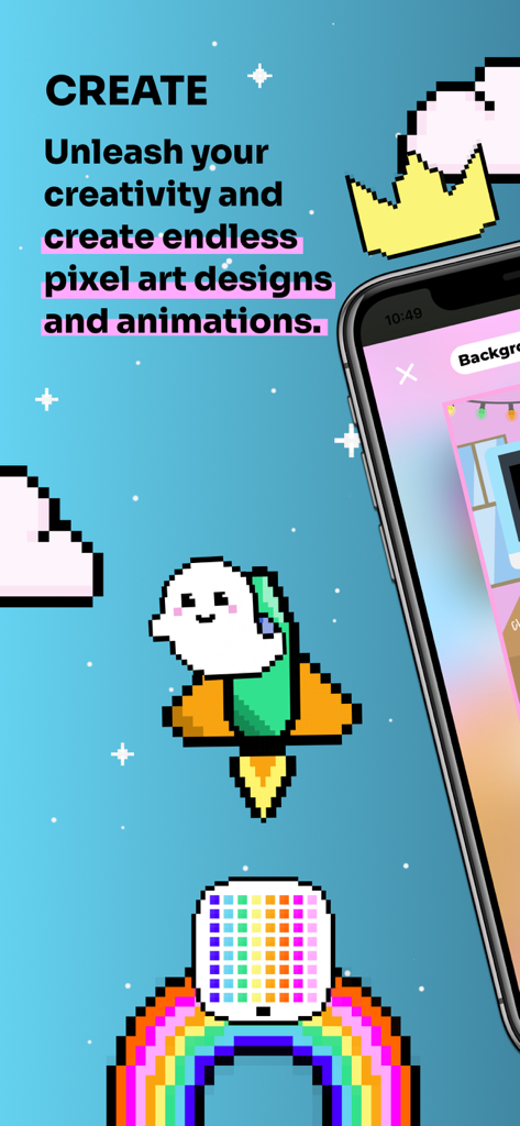 A colorful screenshot of the imagi coding app showing pixel art animations of a ghost on a rocket and a rainbow.