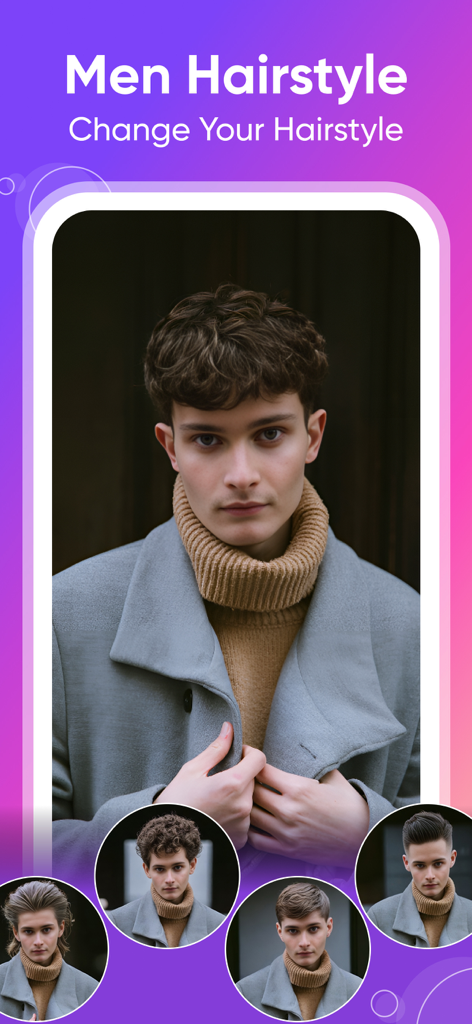 AI Hair Changer - Color Change - Interfaz de la aplicación AI Hair Changer mostrando diferentes peinados para hombres