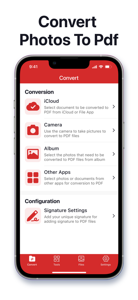 PDF Converter © - PDFコンバーターのモバイルアプリ画面。写真やドキュメントをPDFに変換するオプションが表示されています。
