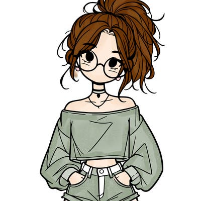 girl with a messy ponytail glasses a baggy crop top and jean shorts